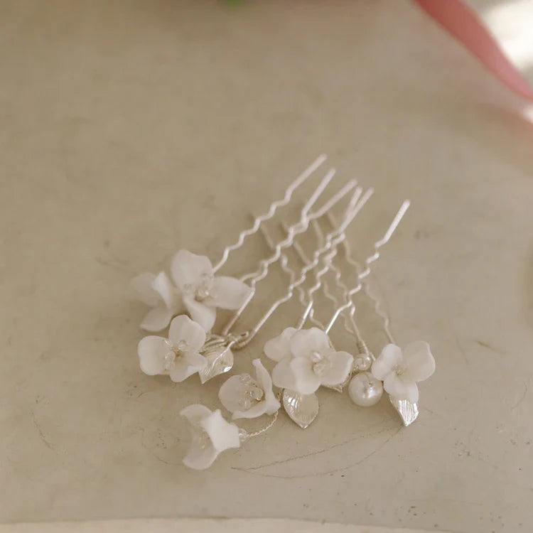 Wedding Accessories Porcelain Flower Hair Pin Clip Silver Color Head Piece For Brides Women Bridesmaids Hairpin Bridal Jewelry