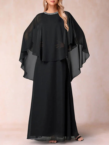 Elegant A-Line Long Evening Dress Chiffon Ruched Shawls Scoop Neck Floor-Length Mother of the Bride Dress 2025 Free Customized Black CHINA