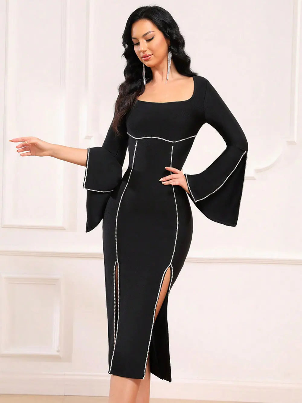Women Light Luxury Rhinestone Bandage Dress With O-Neck Flared Sleeves Slim Fit Split Body Midi Dress Evening Club Party Vestido