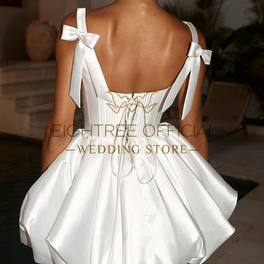 Simple Mini Wedding Dresses White Sleeveless Short Satin Bow Wedding Gowns Boho Beach Bridal Prom Dress Customized