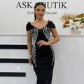 Shinning Crystal Women Sexy Short Sleeve V-Neck Bodycon Bandage Long Dress Elegant Evening Party Celebrate Outfit black