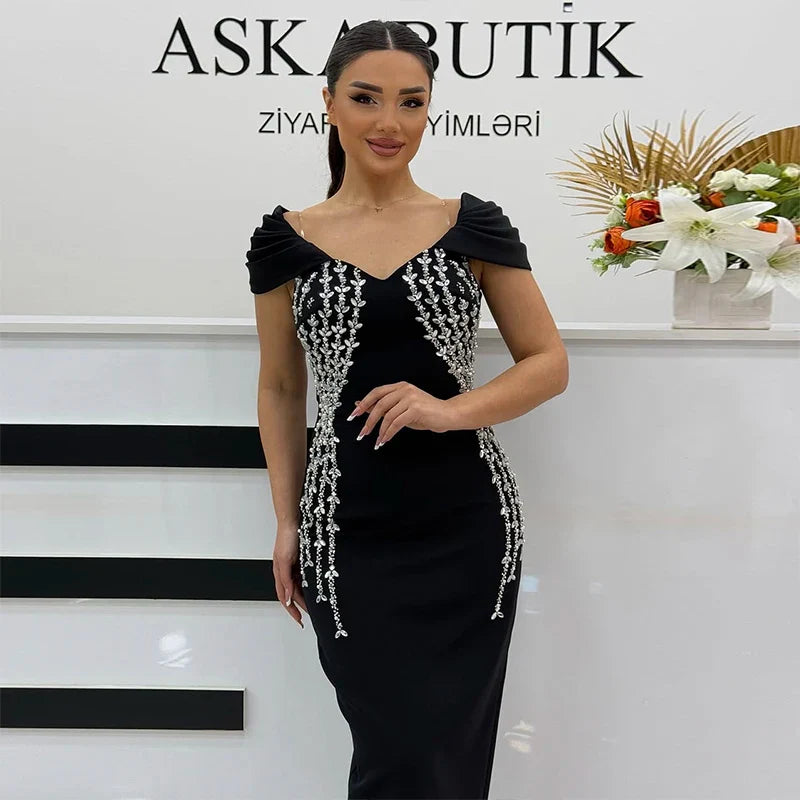 Shinning Crystal Women Sexy Short Sleeve V-Neck Bodycon Bandage Long Dress Elegant Evening Party Celebrate Outfit black