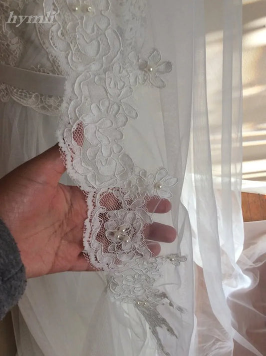 Pearl Wedding Accessories , Lace Bridal Veil , 2 Layer 70cm / 230cm Chapel Length Veil