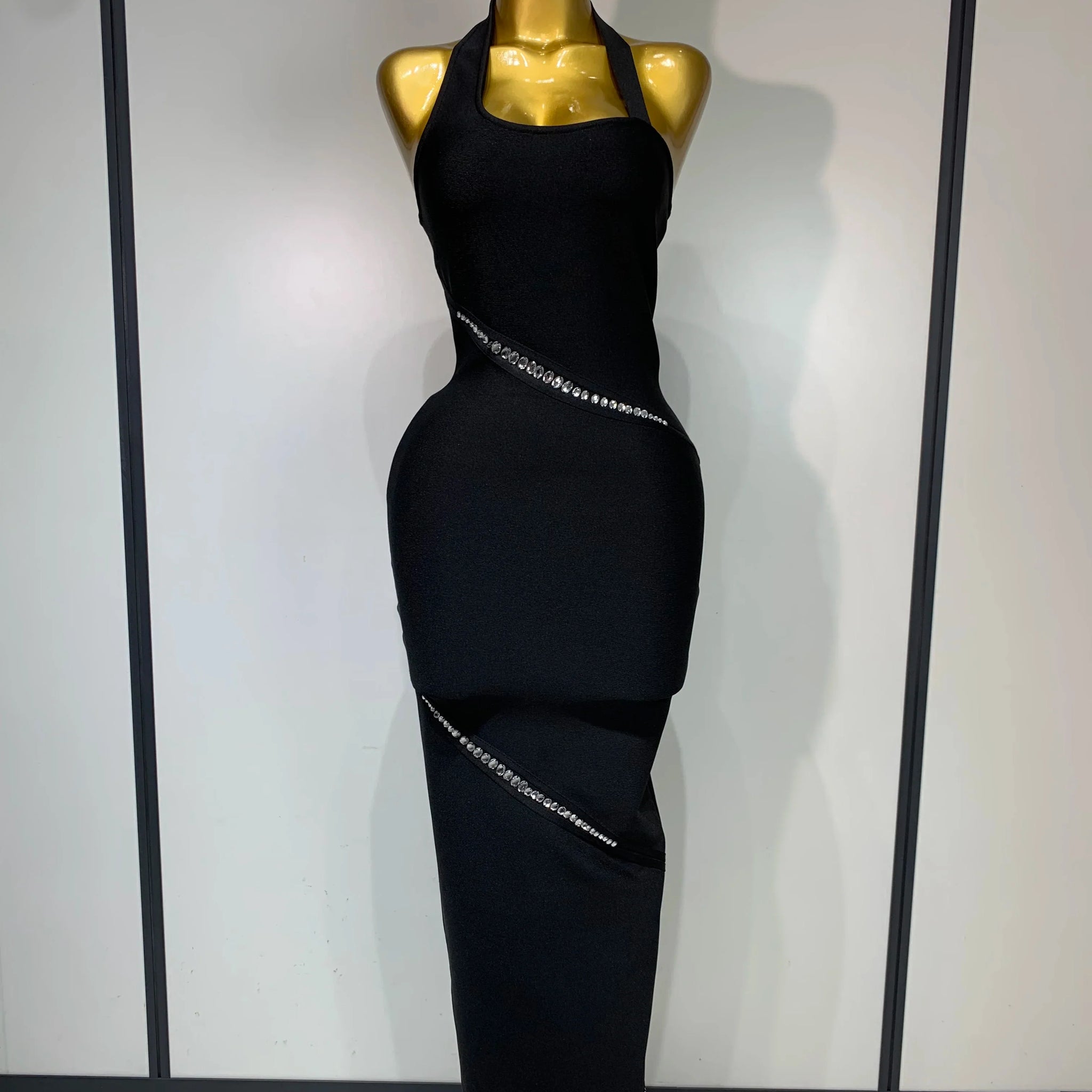 Women Celebrity Sexy Backless Halter Black Crystals Bandage Dress Knitted Elegant Evening Club Party Luxury Birthday Dress black