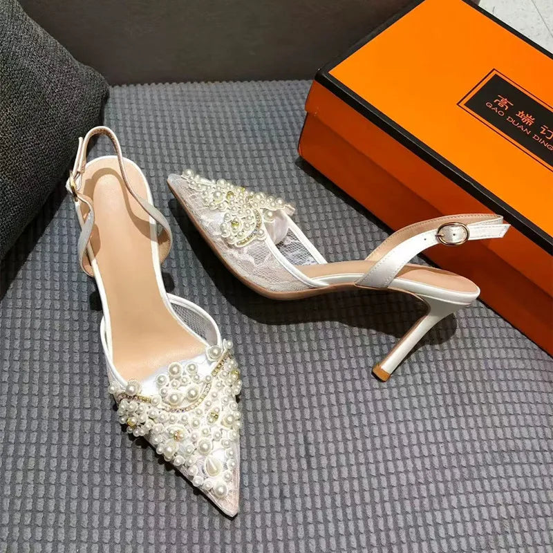 Luxury Pearls Rhinestones Satin Air Mesh Women Pumps Summer Elegant Pointed toe Slingbacks Thin High heels Wedding Party Shoes