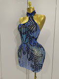 Sexy Sparkly Rhinestones Chains Blue Mesh Short Dress Women Party Celebrate Birthday Dresses Photo Shoot Stage Wear