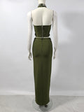 Black Army Green Bandage Two Pieces Sets Sexy Diamond Bead Halter Top Long Skirt Women Bodycon Clothing Elegant Party Sets