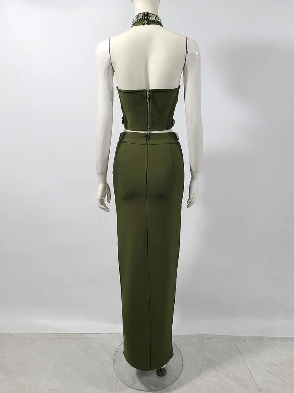 Black Army Green Bandage Two Pieces Sets Sexy Diamond Bead Halter Top Long Skirt Women Bodycon Clothing Elegant Party Sets