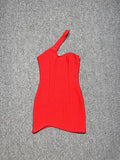 Red Color Women Sexy One Shoulder Bodycon Bandage Mini Dress Celebrate Nightclub Party Evening Fashion Dress Wholesale