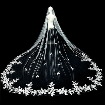 Long Lace Applique Wedding Veil Cathedral Length Bridal Veil