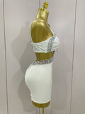 Luxury Shiny Diamond Chain White Sexy Sleeveless Bodycon Mini Dress Evening Birthday Party Nightclub Stage Costume