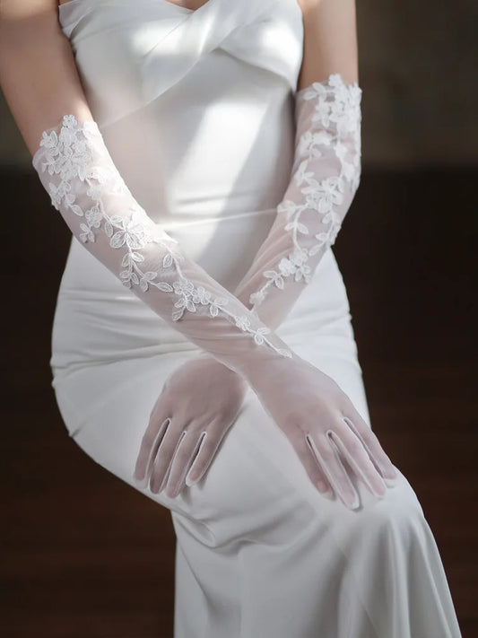 Lace Short Long Bridal Gloves Flower Wristband Wedding Glove For Women Girl Party Evening Dress Jewelry Brides Accessories a