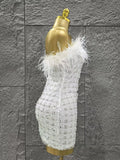 White Color Women Shinning Sequins Straples Bodycon Mini Dress Feathers Fashion Celebrate Birthday Party Cute Cocktail Dress