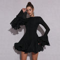 Solid Spliced Button Slimming Mini Dresses For Women O Neck Long Sleeve High Waist Patchwork Ruffles Female Fashion New 2025 black