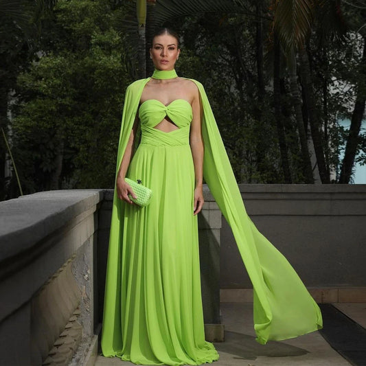 Modest Lavender Chiffon Prom Dress A-Line Long Cape Sleeves Ruched Floor Length Evening Dress vestidos de gala Green