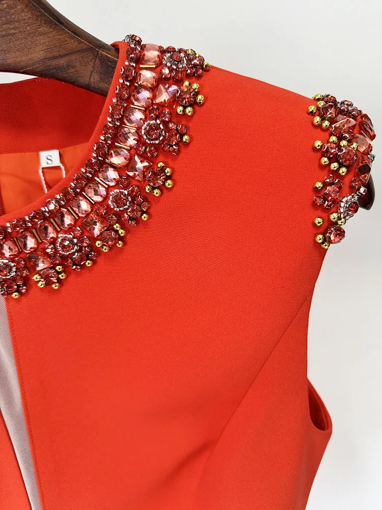 Spring Women Sleeveless O-Neck Straight Mini Dress Colorful Crystal Elegant Evening Party Fashion Outfit Vestido