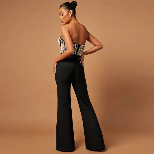 Top Quality Women Sexy Strapless Shinning Pearl Beading Bodycon Long Bandage Jumpsuit Celebrate Evening Party Birthday Wear