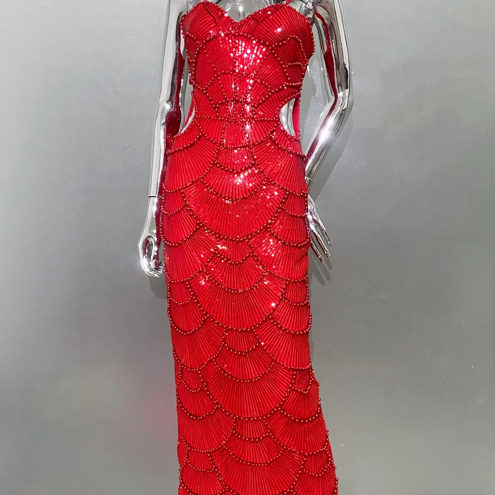 Red Black Color Women Sleeveless Sexy Beading Shinning Sequins Bodycon Long Dress Christmas Style Evening Party Cocktail Dress Red
