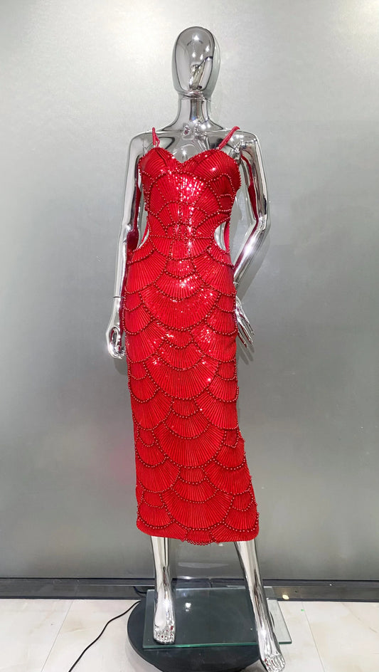 Red Black Color Women Sleeveless Sexy Beading Shinning Sequins Bodycon Long Dress Christmas Style Evening Party Cocktail Dress Red
