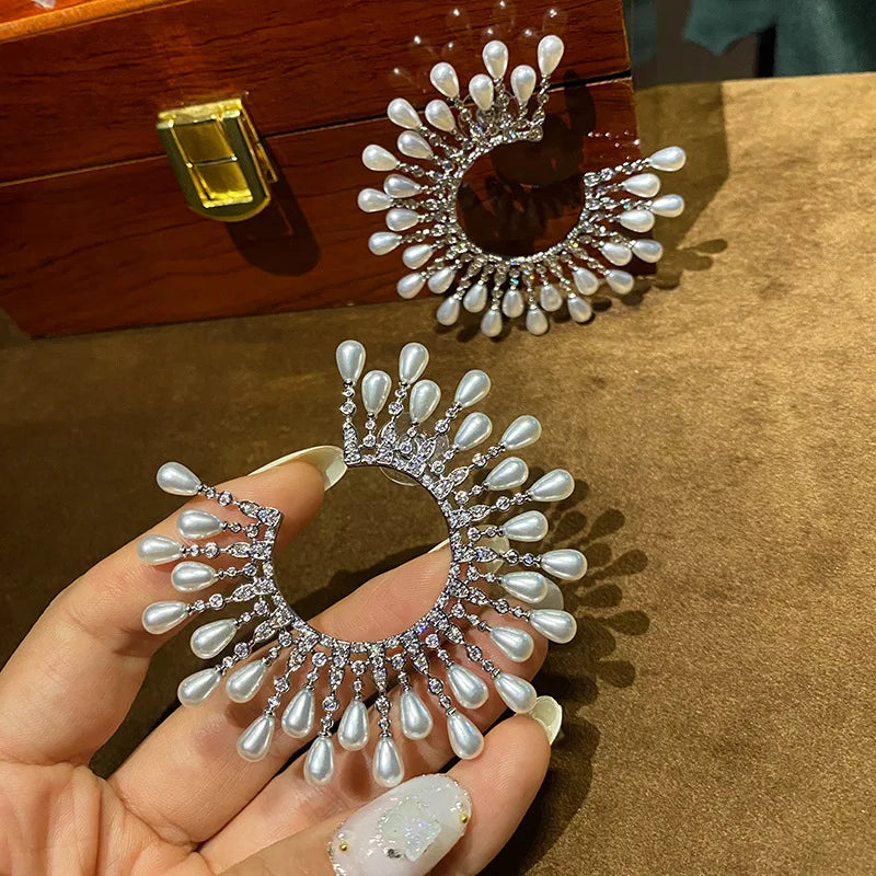 High Quality Zircon Bridal Earrings Big Pearl Zirconia Wedding Earring For Brides Accessories Women Evening Party Dress Jewelry