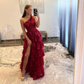 Wine Red Prom Dresses Lace Sequins Evening Dress Sleeveless One Shoulder Backless Side Split Party vestidos de fiesta