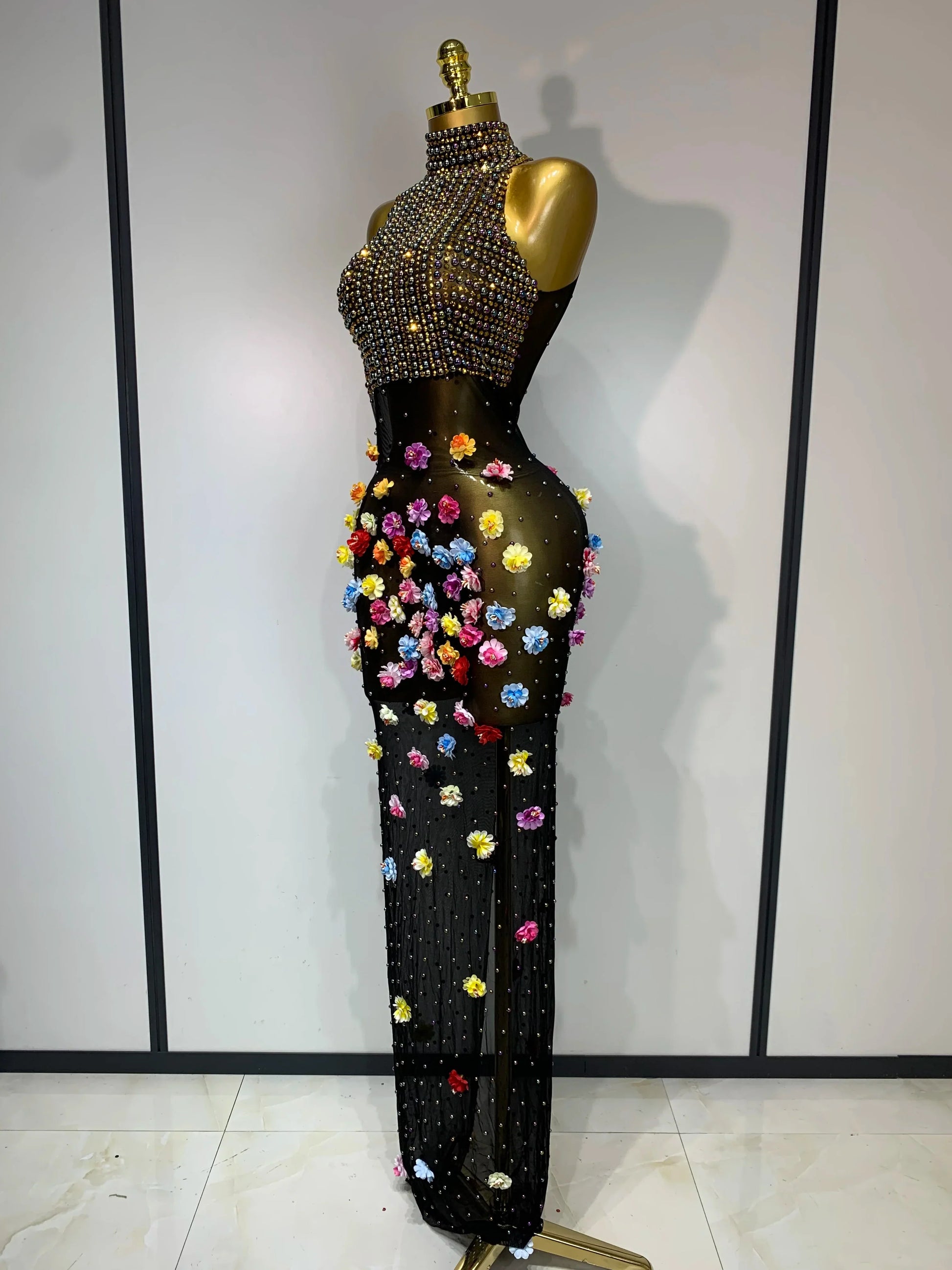 See Through Rhinestone Luxury Rhinestones Flowers Sexy See Through Long Dress Elegant Evening