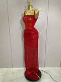 Sparkly Red Rhinestones Sequins Sexy See Through 2PCS Long Dress Women Celebrate Evening Birthday Party Dress Stage Costumes