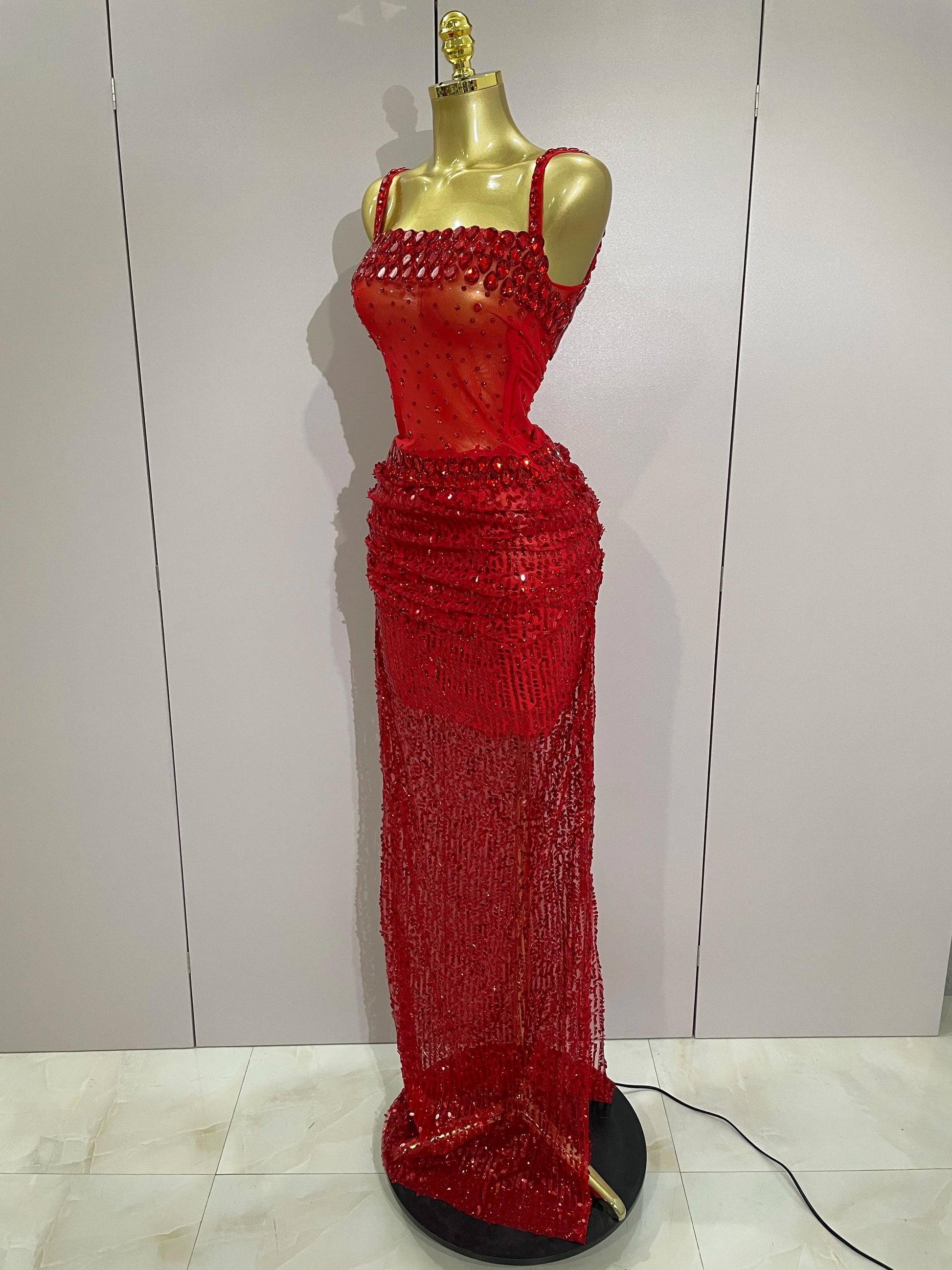 Sparkly Red Rhinestones Sequins Sexy See Through 2PCS Long Dress Women Celebrate Evening Birthday Party Dress Stage Costumes
