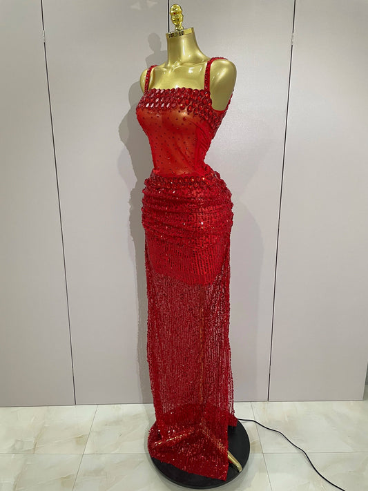 Sparkly Red Rhinestones Sequins Sexy See Through 2PCS Long Dress Women Celebrate Evening Birthday Party Dress Stage Costumes