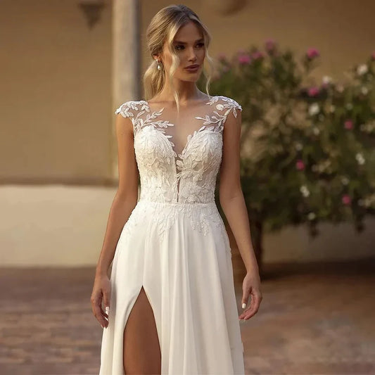 Elegant Boho Lace Wedding Dress Chiffon O-Neck Illusion Back Beach Side Split Applique Bridal Party Gown Vestidos De Novia