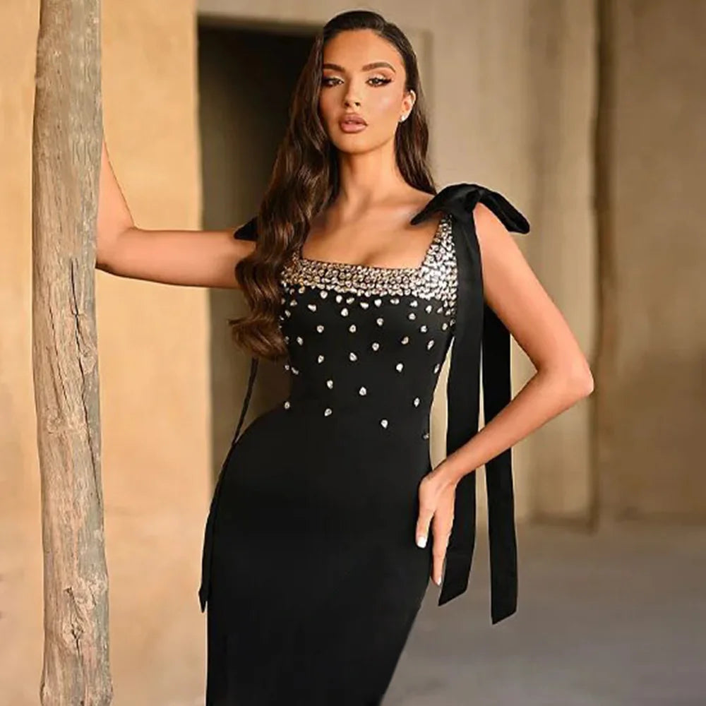 Women Celebrity Sexy Tank Diamonds Summer Black Mini Summer Bodycon Bandage Dress Elegant Evening Club Party Dress black