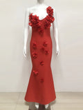 Sexy Backless Flower Women Evening Bandage Maxi Dress Folds V-Neck One shoulder Elegant Mermaid Matching Banquet Prom Bodycon