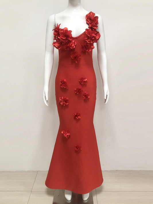 Sexy Backless Flower Women Evening Bandage Maxi Dress Folds V-Neck One shoulder Elegant Mermaid Matching Banquet Prom Bodycon