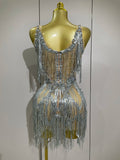 Sparkly Rhinestone Tassels Sexy Mesh Mini Dress Women Evening Birthday Party Dresses Nightclub Performance Stage Costume