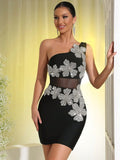 Sexy Women'S Light Luxury Flower Studded Diamond Bandage Dress One Shoulder Sleeveless Bodycon Sheer Patchwork Mini Dress,