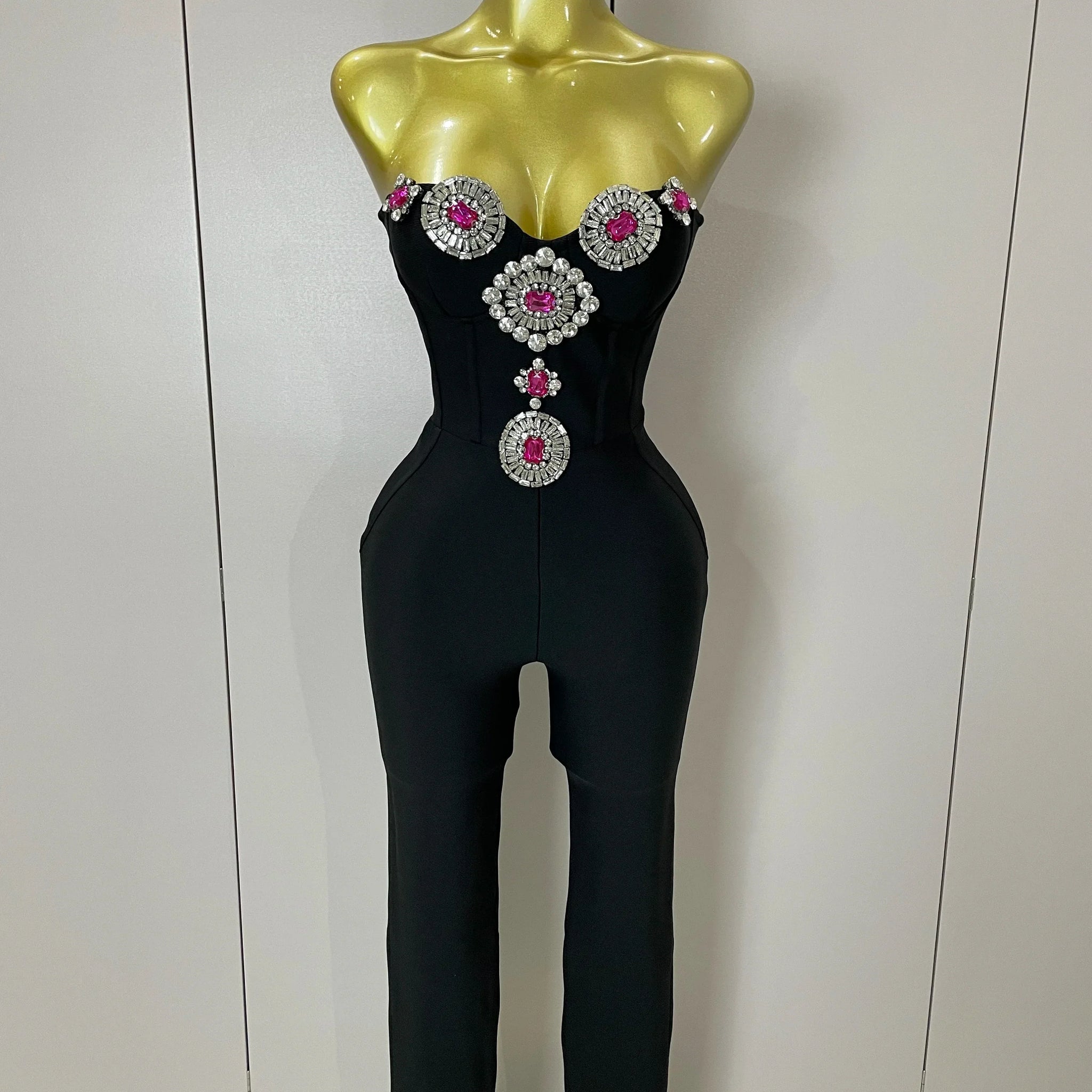 Luxury Sexy Strapless Backless Crystal Diamonds Black Bodycon Bandage Jumpsuit Women Celebrity Designer High Street Rompers black