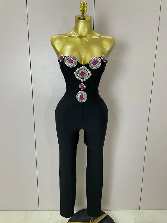 Luxury Sexy Strapless Backless Crystal Diamonds Black Bodycon Bandage Jumpsuit Women Celebrity Designer High Street Rompers black