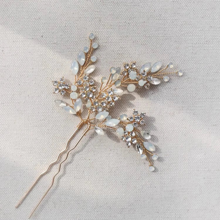 Flower Hair Clip Pin Vintage Gold Silver Color Head Piece Brides Women Opal Crystal Hairpin Wedding Accessories Bridal Jewelry 1pc gold color