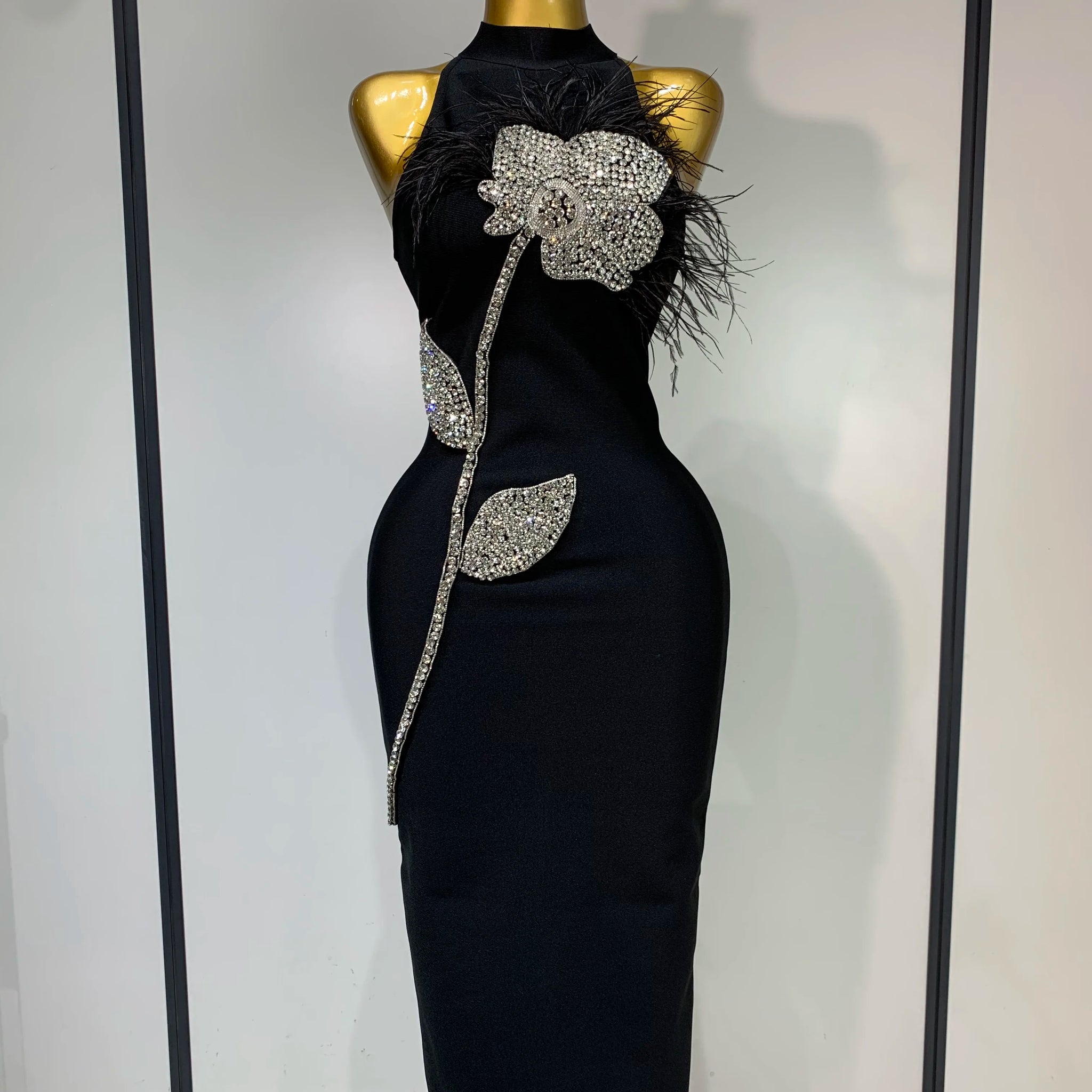 Women Luxury Diamonds Feather Black Bodycon Bandage Dress 2025 Celebrity Elegant Evening Party Birthday Nightclub Dresses black