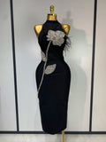 Women Luxury Diamonds Feather Black Bodycon Bandage Dress 2025 Celebrity Elegant Evening Party Birthday Nightclub Dresses black