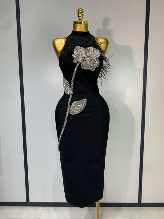Women Luxury Diamonds Feather Black Bodycon Bandage Dress 2025 Celebrity Elegant Evening Party Birthday Nightclub Dresses black