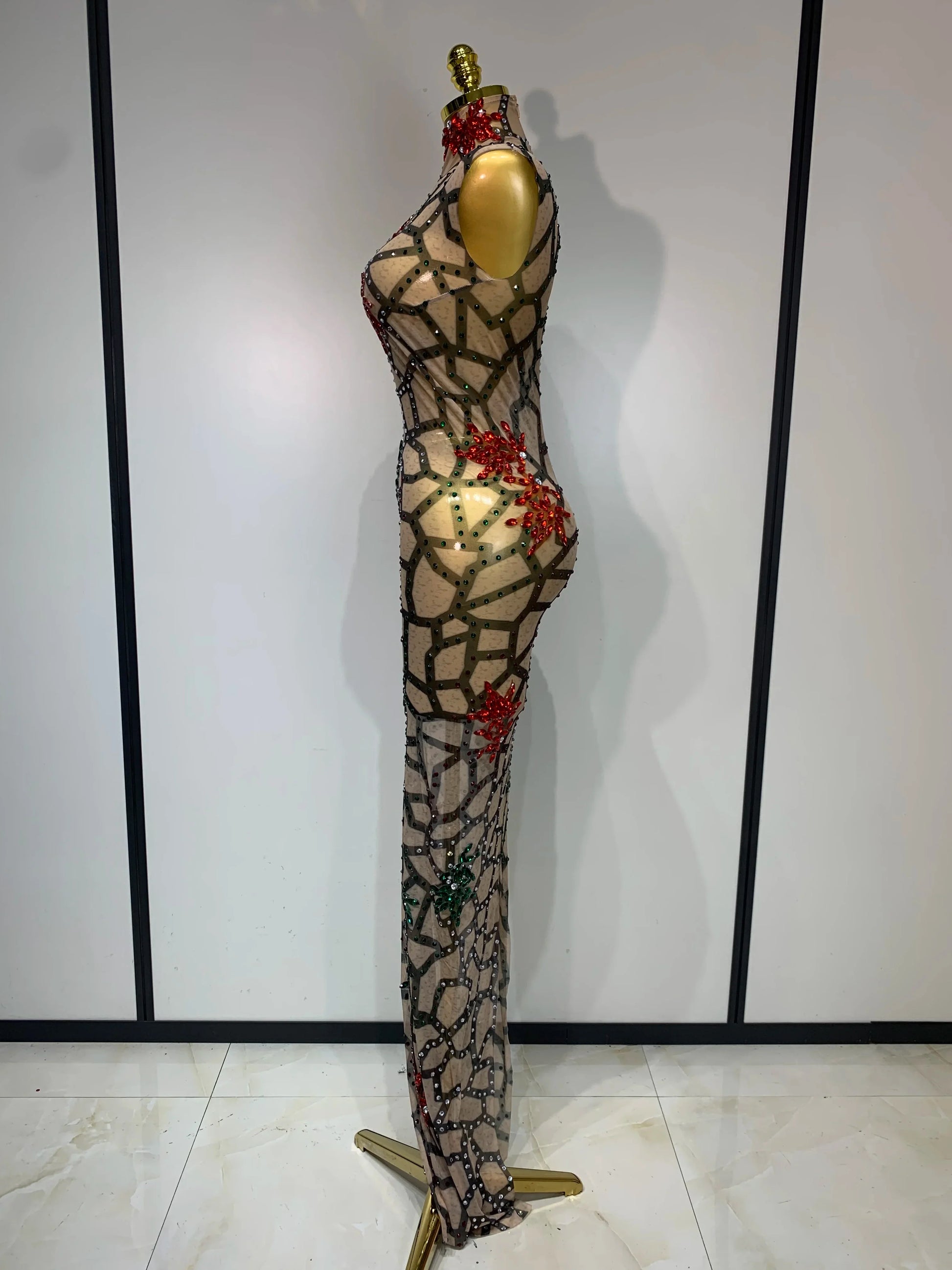 Women Sexy Mesh See Through Sparkly Rhinestone Long Maxi Dress Luxury