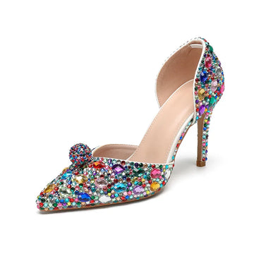 Colorful Crystal Rhinestone Women’s Pointed Toe Microfiber Pumps Stiletto High Heels 9cm Colorful