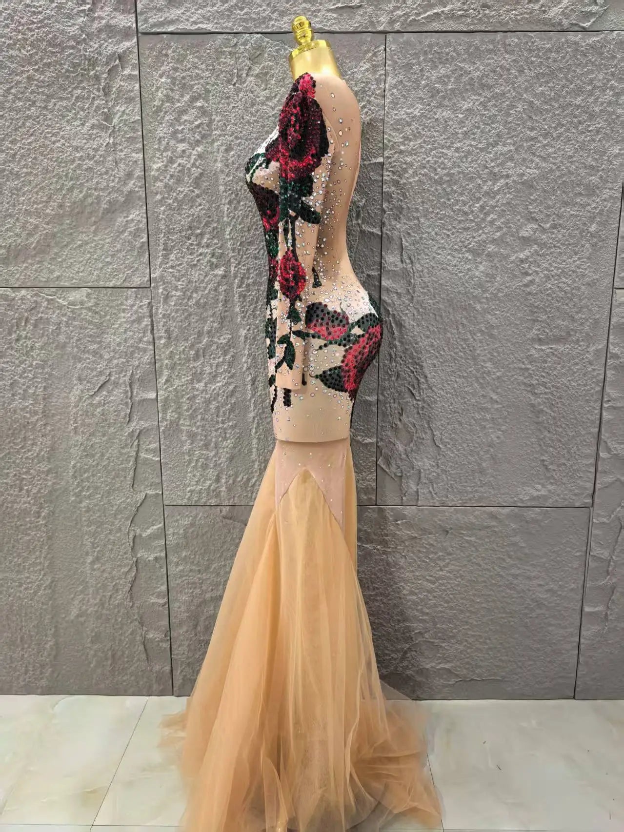 Women Long Sleeve High Stretch Shinning Rhinestones Bodycon Long Maxi Dress Celebrate Evenign Party Bar Singer Stage Wear