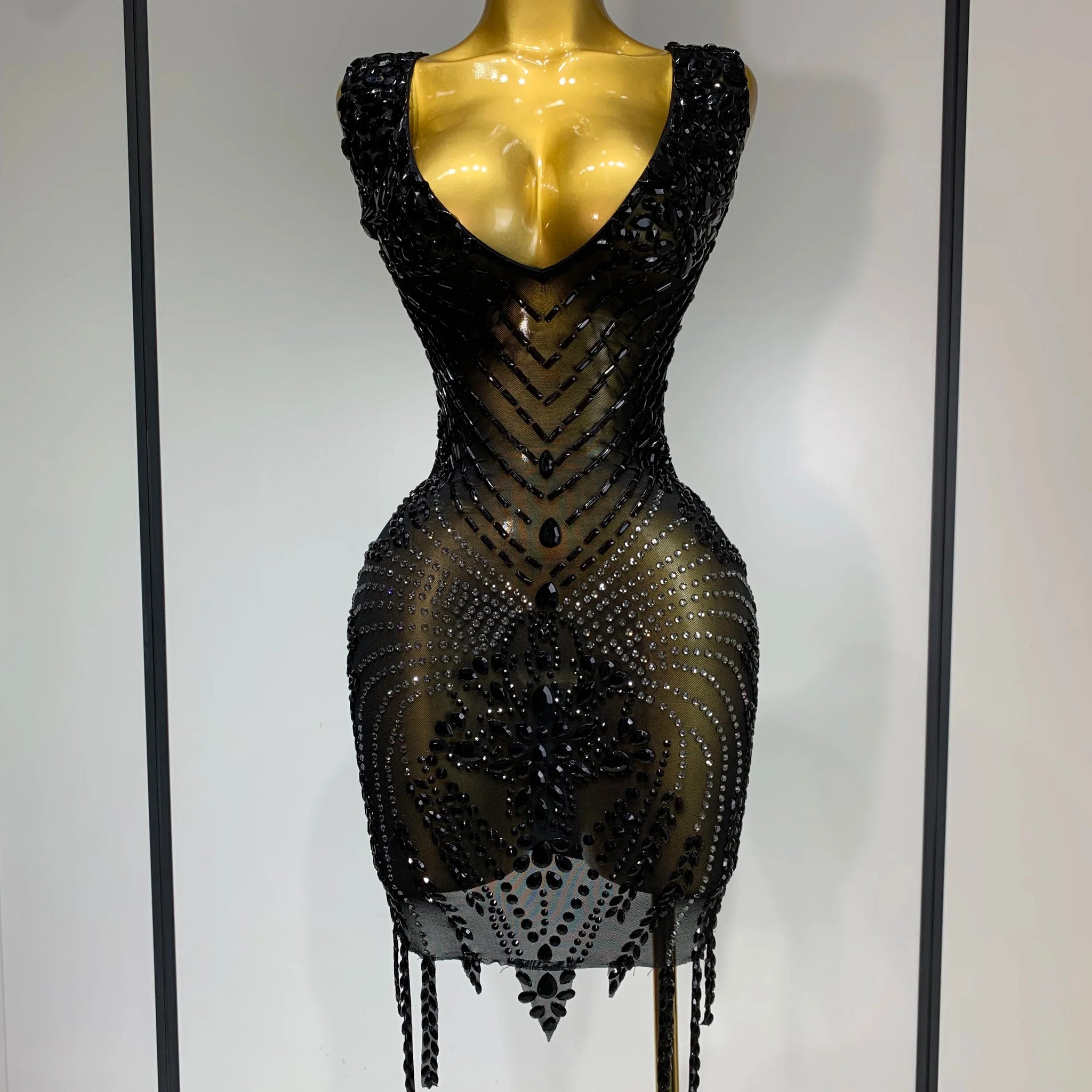 Women Sexy Stage Performance Outfit Sparkly Rhinestones Bodycon Dress Birthday Celebrate Evening Party Nightclub Mesh Dress black