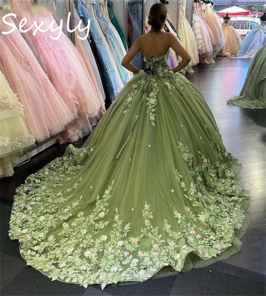 Sparkle Sage Green Quinceanera Dresses Charro Xv Mexican Vestidos De 15 Anos Lace Up 3D Floral Birthday Party Gown Customized