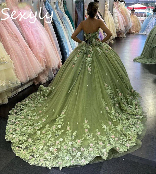 Sparkle Sage Green Quinceanera Dresses Charro Xv Mexican Vestidos De 15 Anos Lace Up 3D Floral Birthday Party Gown Customized