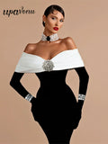 2024 Sexy Women's Light Luxury Patchwork Nail Diamond Design Bandage Dress One Collar Shoulder Long Sleeve Bodycon Long Dresses