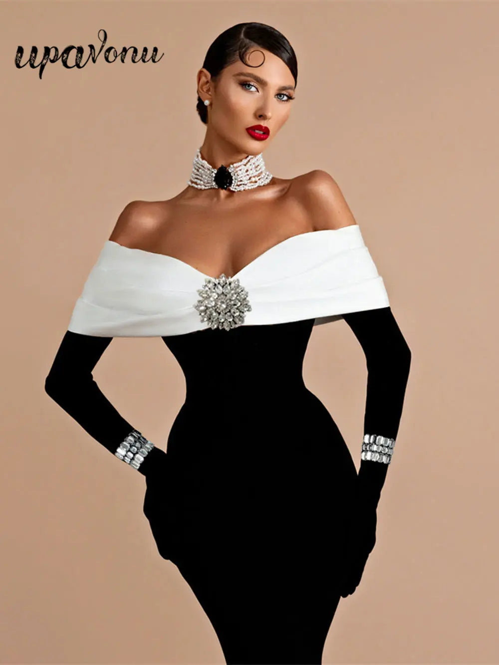 2024 Sexy Women's Light Luxury Patchwork Nail Diamond Design Bandage Dress One Collar Shoulder Long Sleeve Bodycon Long Dresses