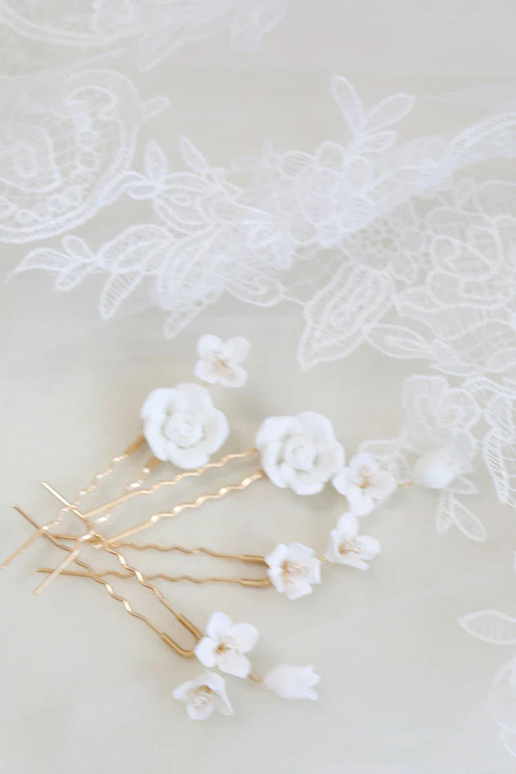 Gold Color Hair Clip Pins Porcelain Rose Flower Hairpins For Brides Bridesmaids Headpieces Bridal Jewelry Wedding Accessories
